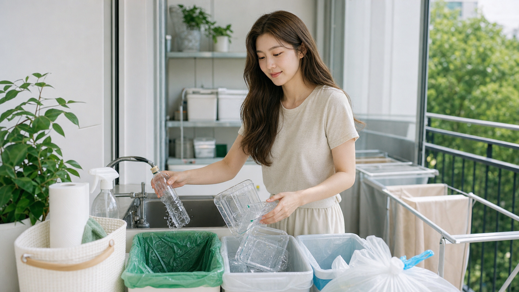 여름 분리수거 냄새 줄이는 법을 직접 점검하는 직장인 생활 장면