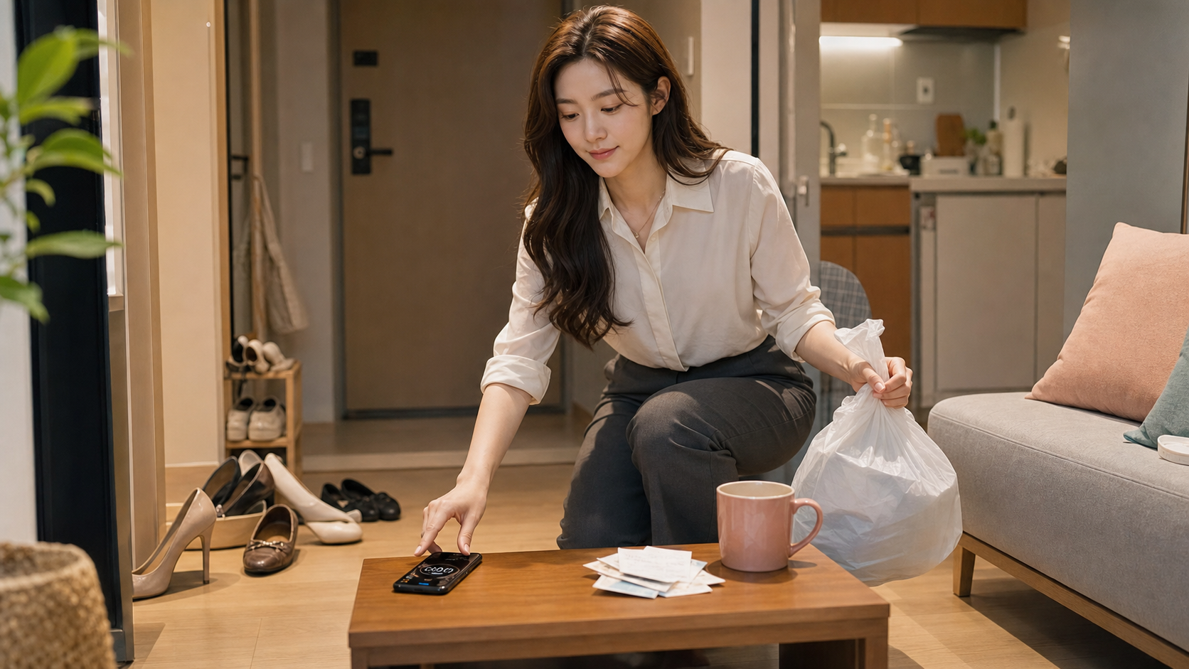 퇴근 후 집안일 15분 루틴을 직접 점검하는 직장인 생활 장면