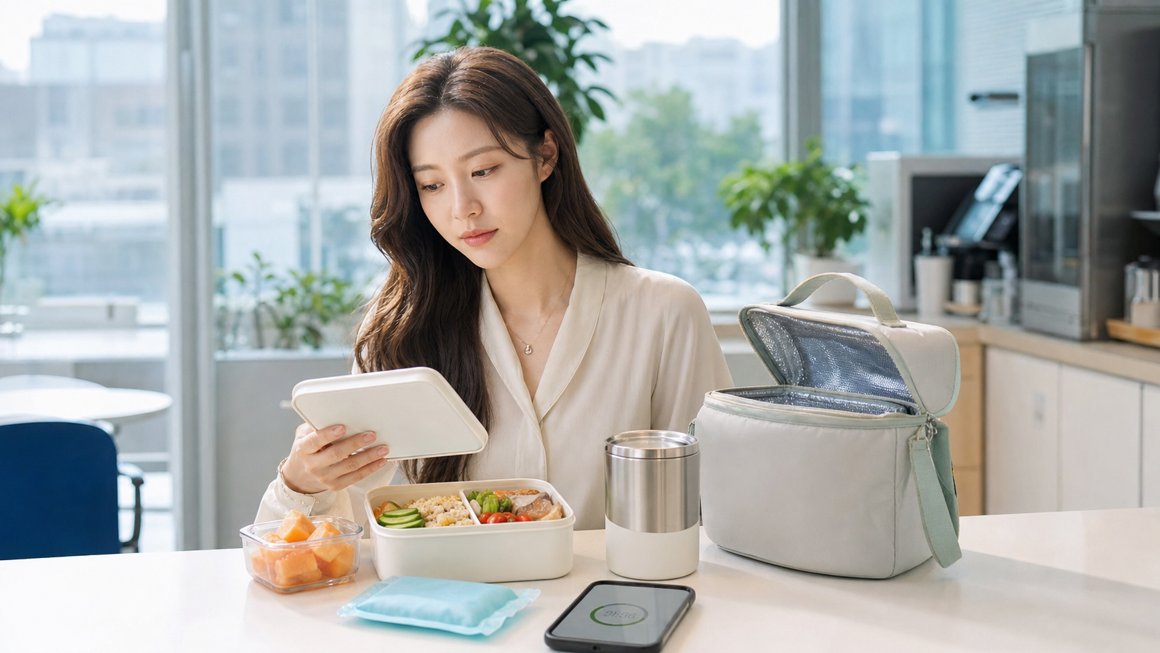 여름 도시락 보관을 직접 점검하는 직장인 생활 장면