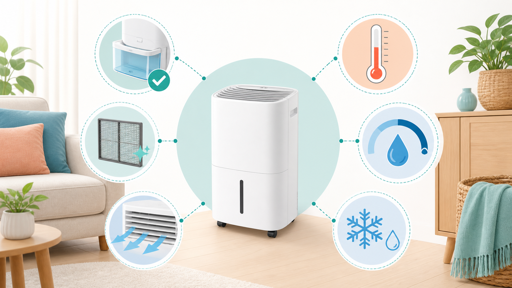 제습기 물이 안 찰 때 물통, 필터, 온도, 습도, 바람길, 제상 상태를 확인하는 인포그래픽